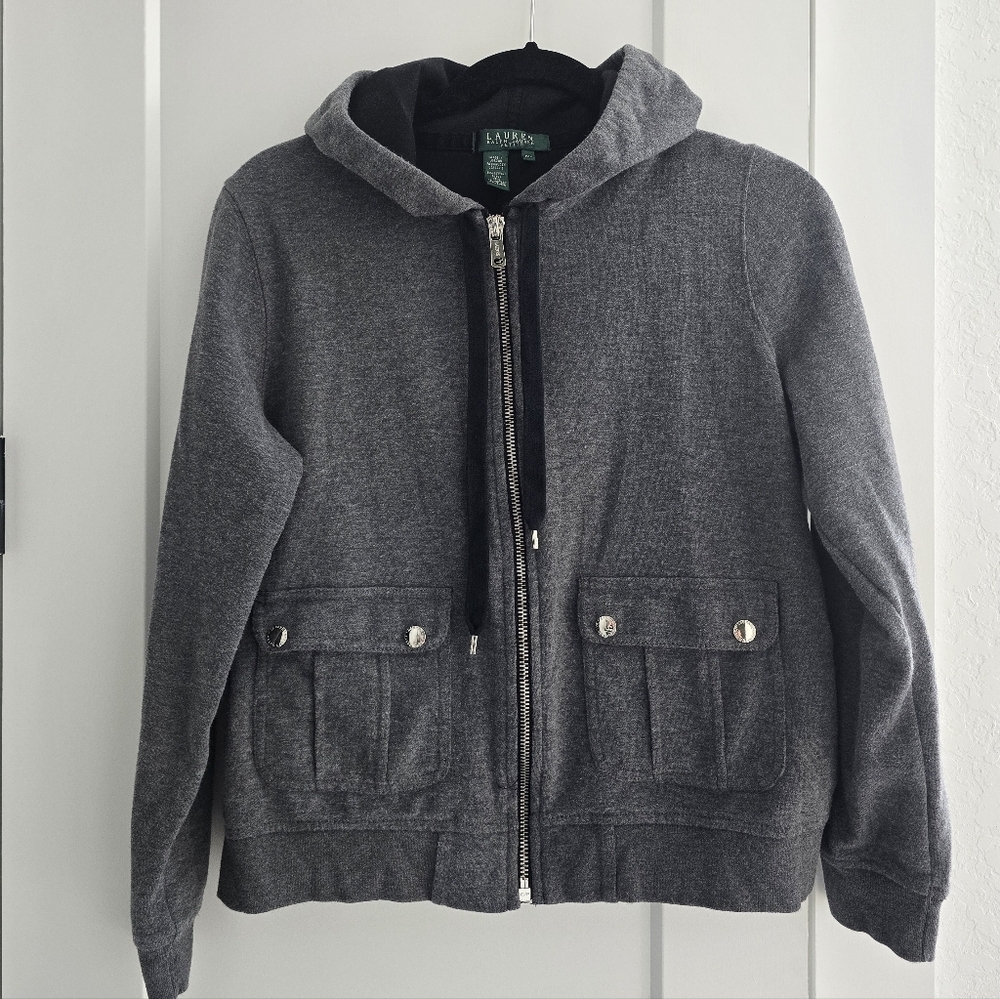 Lauren Ralph Lauren Hoodie Full Zip Jacket L Gray Snap Button Pockets